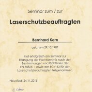 Urkunde über die bestandene Prüfung zum Laserschutzbeauftragten